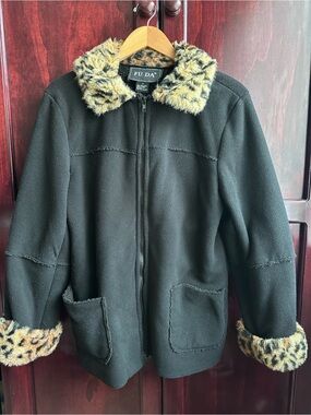 Vintage FU DA Black Fleece Jacket with Leopard Faux Fur Trim